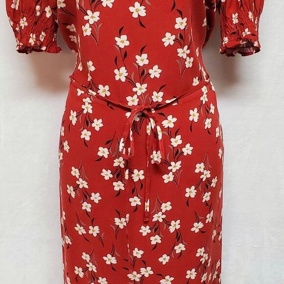 VINTAGE Red White Floral Boho Smocked Sleeve Keyhole Belted Maxi Dress Large - Picture 5 of 12